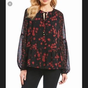 MICHAEL Michael Kors Black Roses Long Sleeve Sheer Blouse Top M